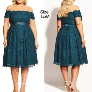 City Chic Lace Dreams Dress Emerald Green Off Shoulder Size XS/14 NEW WITH TAG